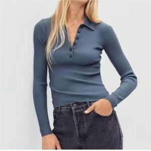 Everlane Merino Wool Long-Sleeve Ribbed Polo in Blue Grey